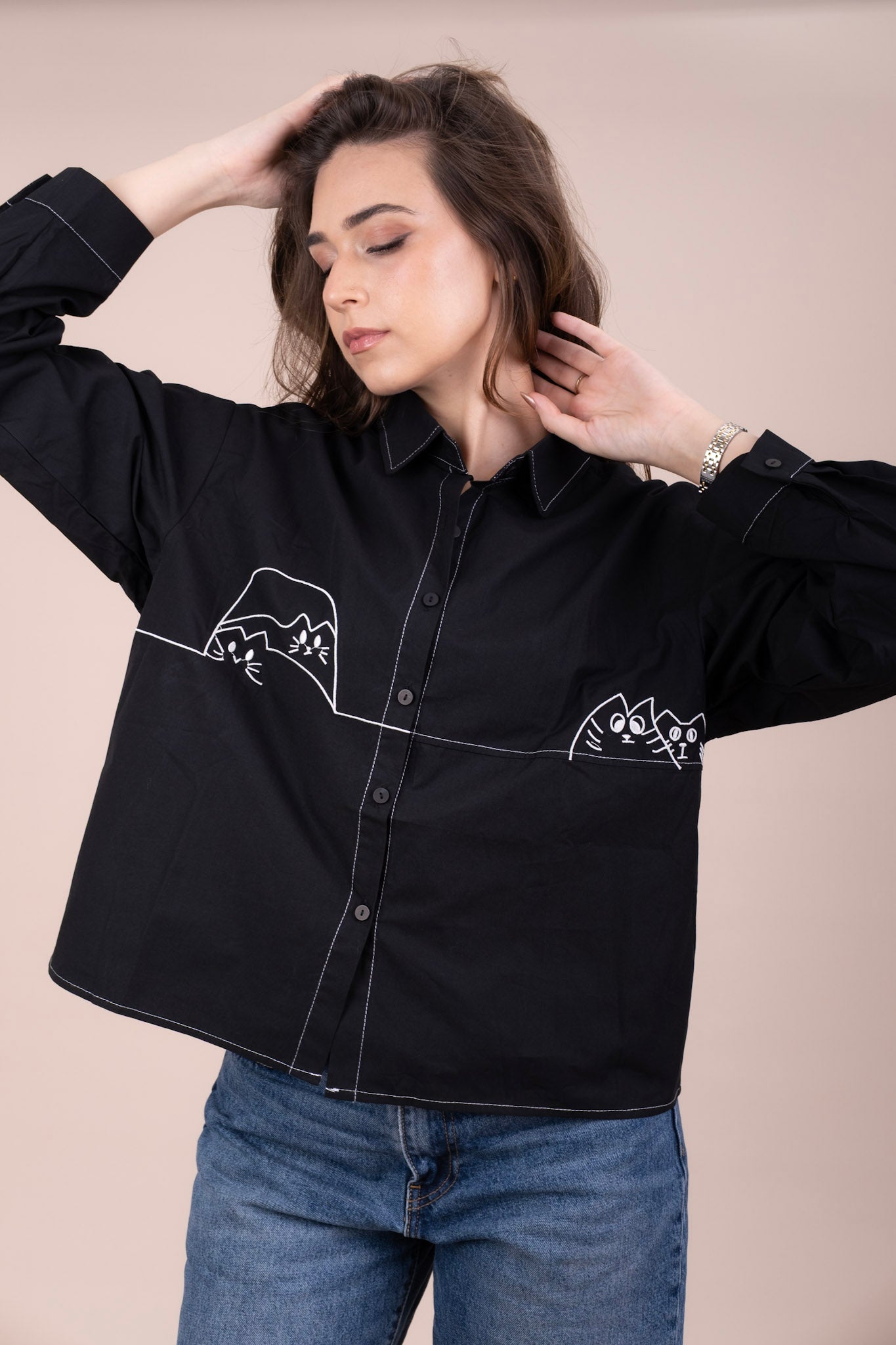 CABBY BLACK - Oversized Shirt with Contrast Stitching