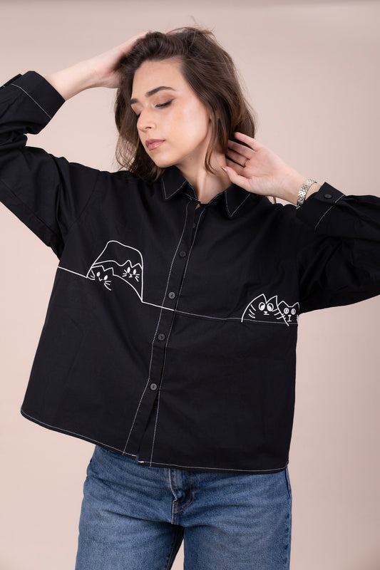 CABBY BLACK - Oversized Shirt with Contrast Stitching