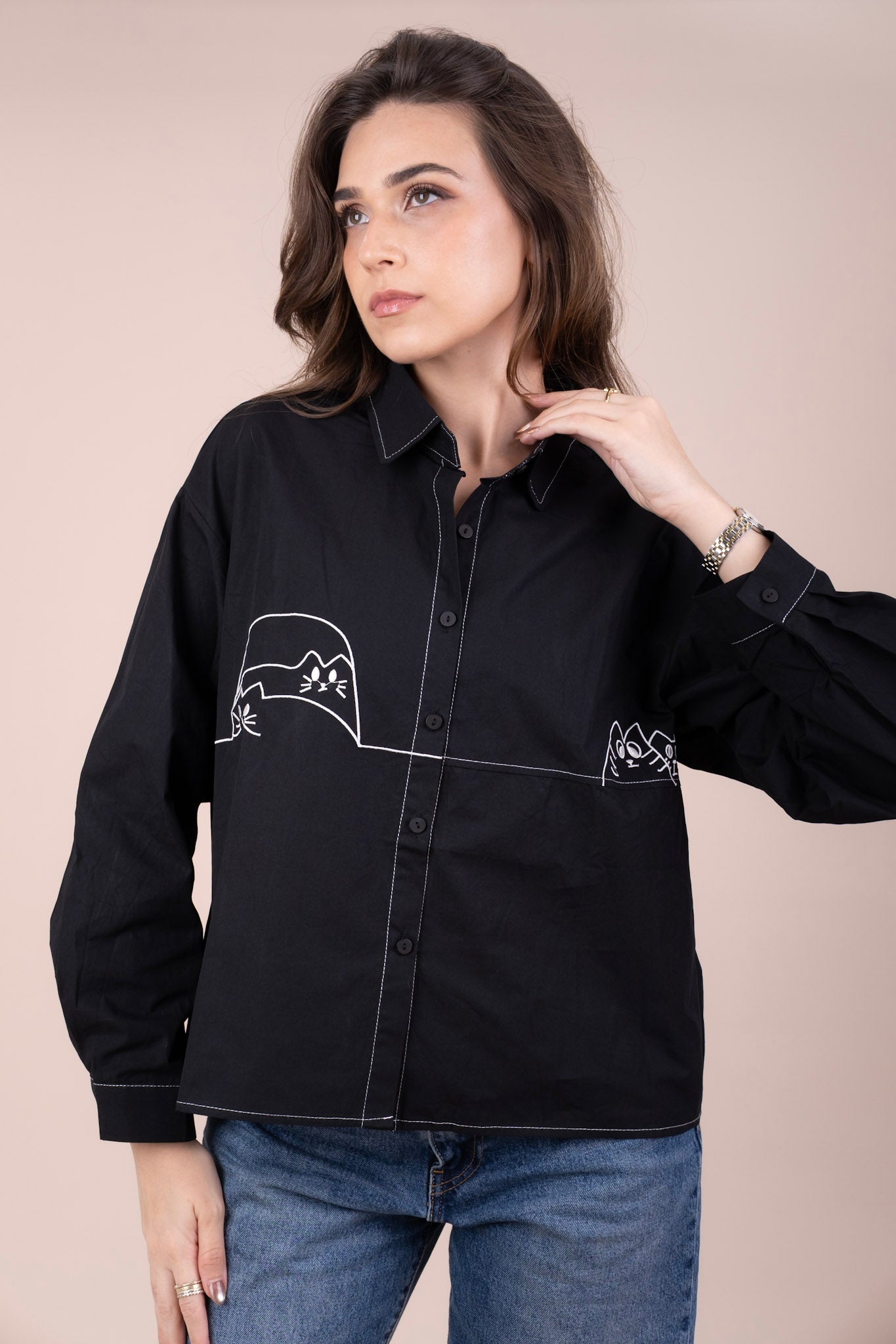 CABBY BLACK - Oversized Shirt with Contrast Stitching