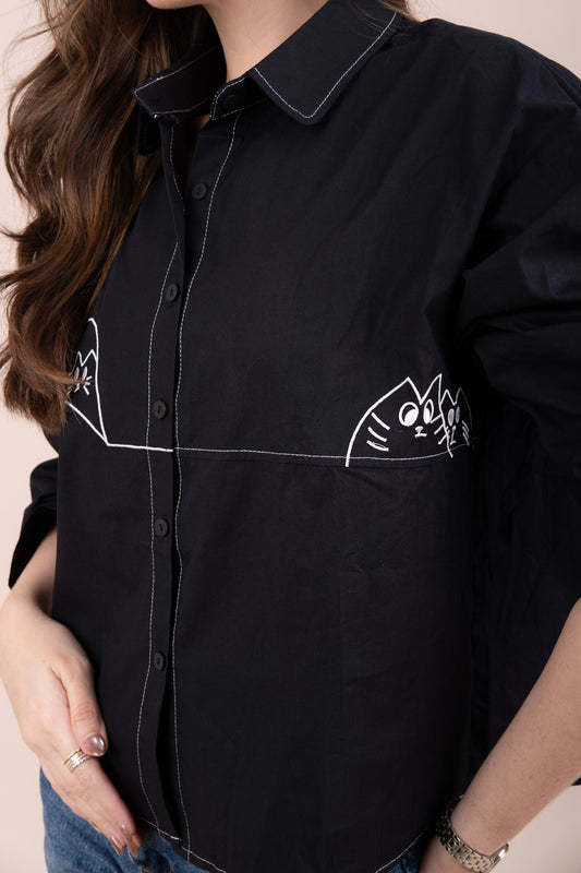 CABBY BLACK - Oversized Shirt with Contrast Stitching