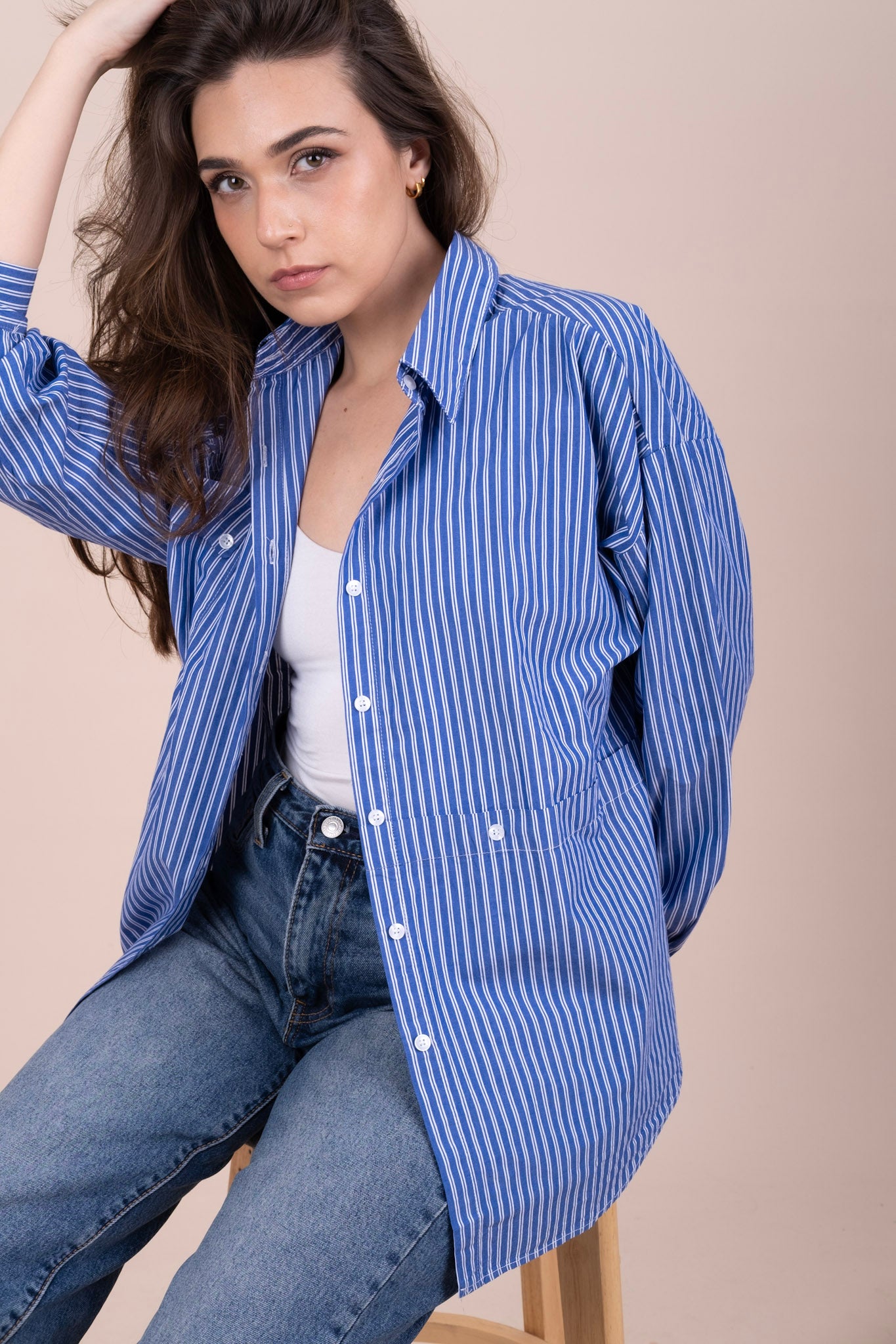 STRIPE & SEEK | Blue Oversized Cotton Shirt for Women