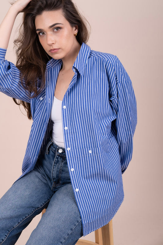 STRIPE & SEEK | Blue Oversized Cotton Shirt for Women