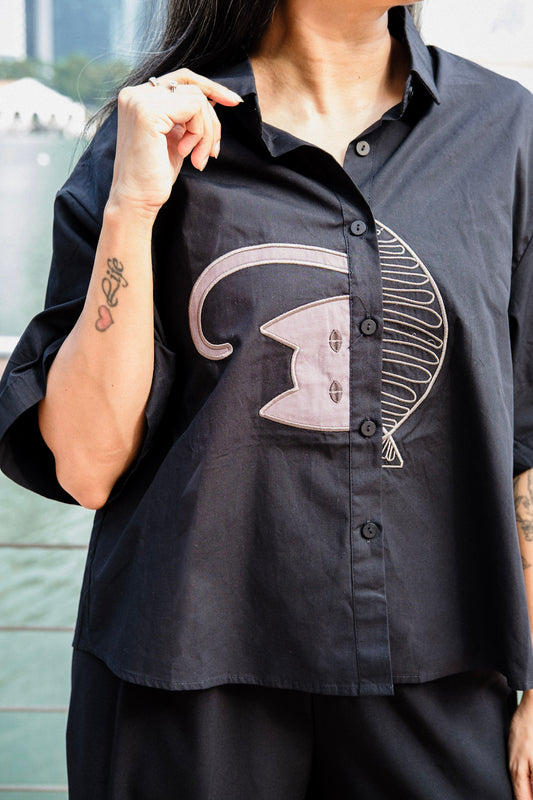BOXY BLACK - Japanese-Style Oversized Half Sleeve Shirt