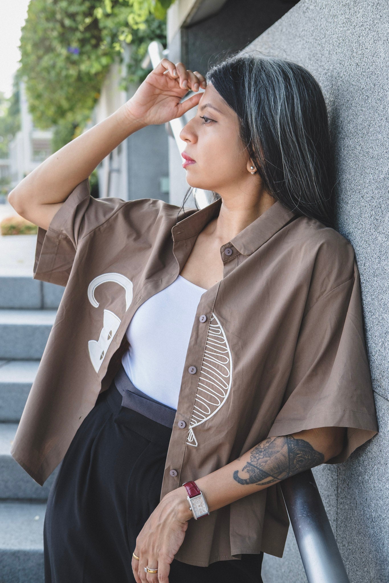 BOXY BROWN - Japanese-Style Oversized Half Sleeve Shirt