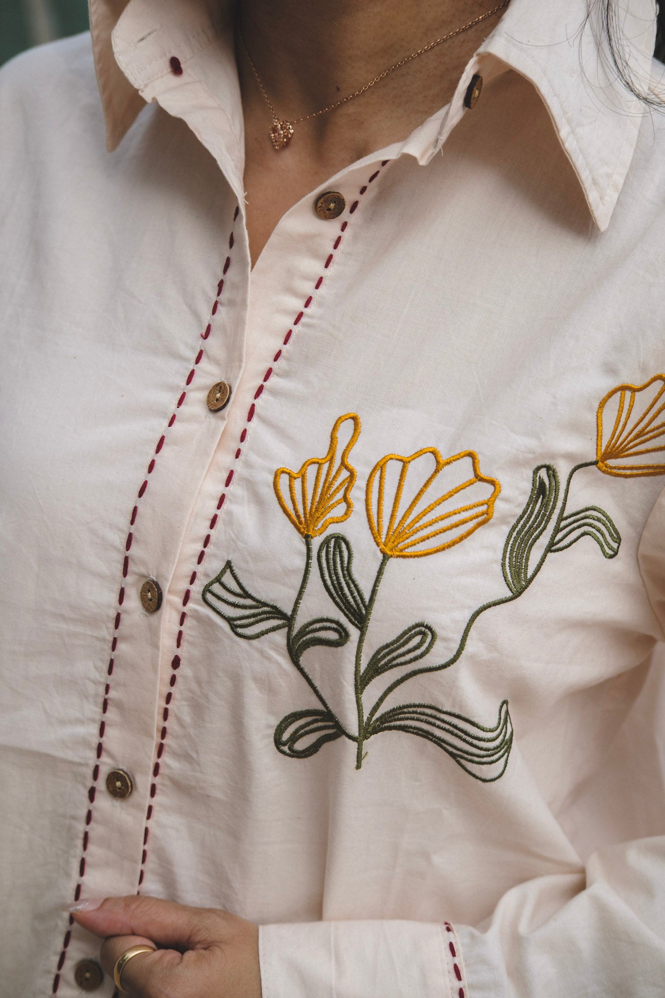 APRICOT BEIGE - EMBROIDERED BUTTON-UP SHIRT