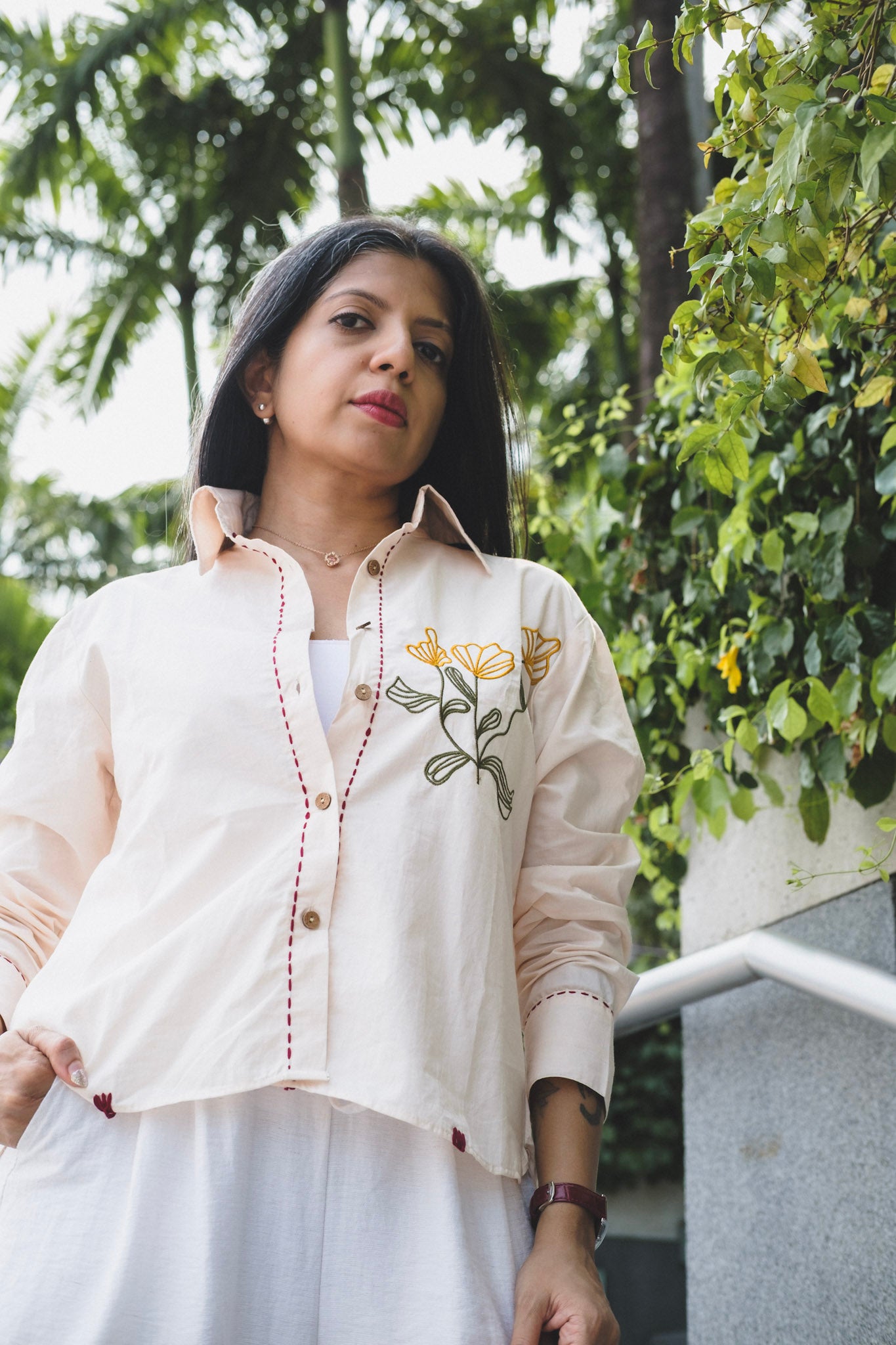 APRICOT BEIGE - EMBROIDERED BUTTON-UP SHIRT