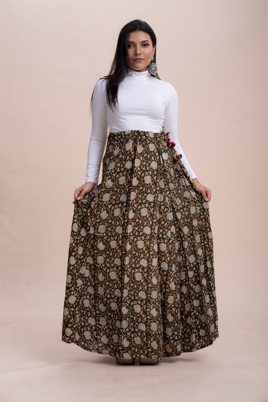 GREEN BAGRU PRINT COTTON MAXI SKIRT