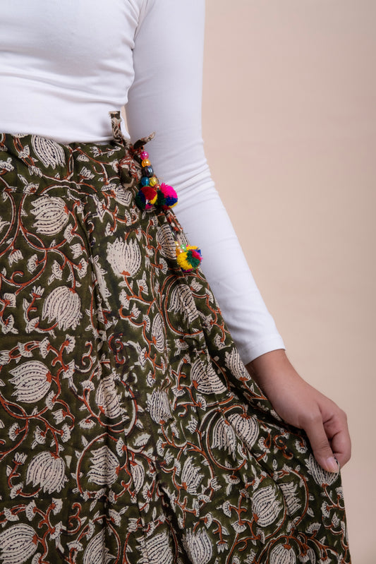 GREEN BAGRU PRINT COTTON MAXI SKIRT