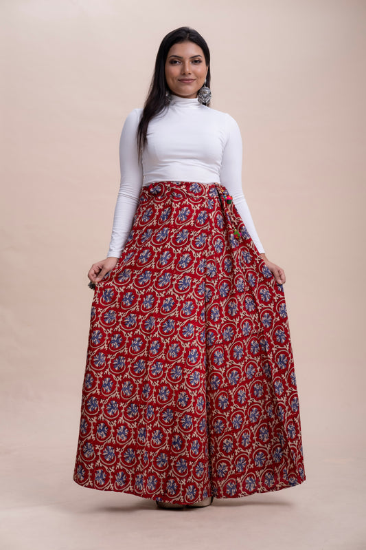 MAROON BAGRU PRINT COTTON MAXI SKIRT