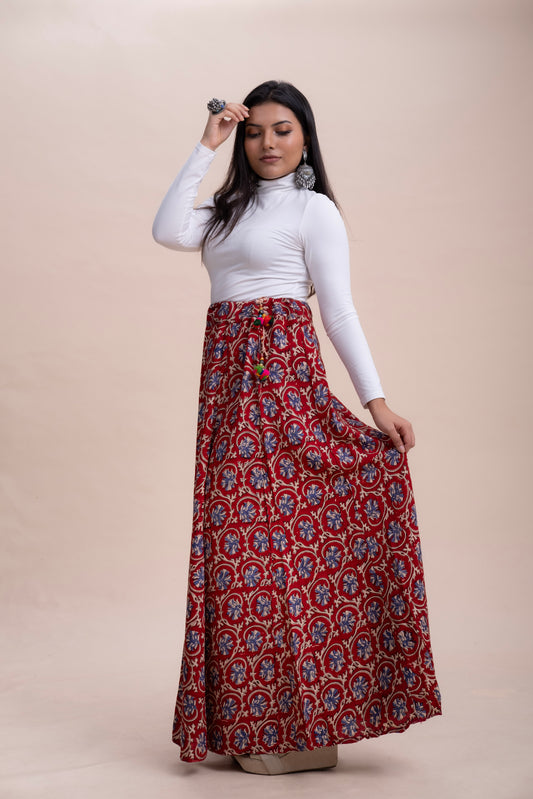 MAROON BAGRU PRINT COTTON MAXI SKIRT