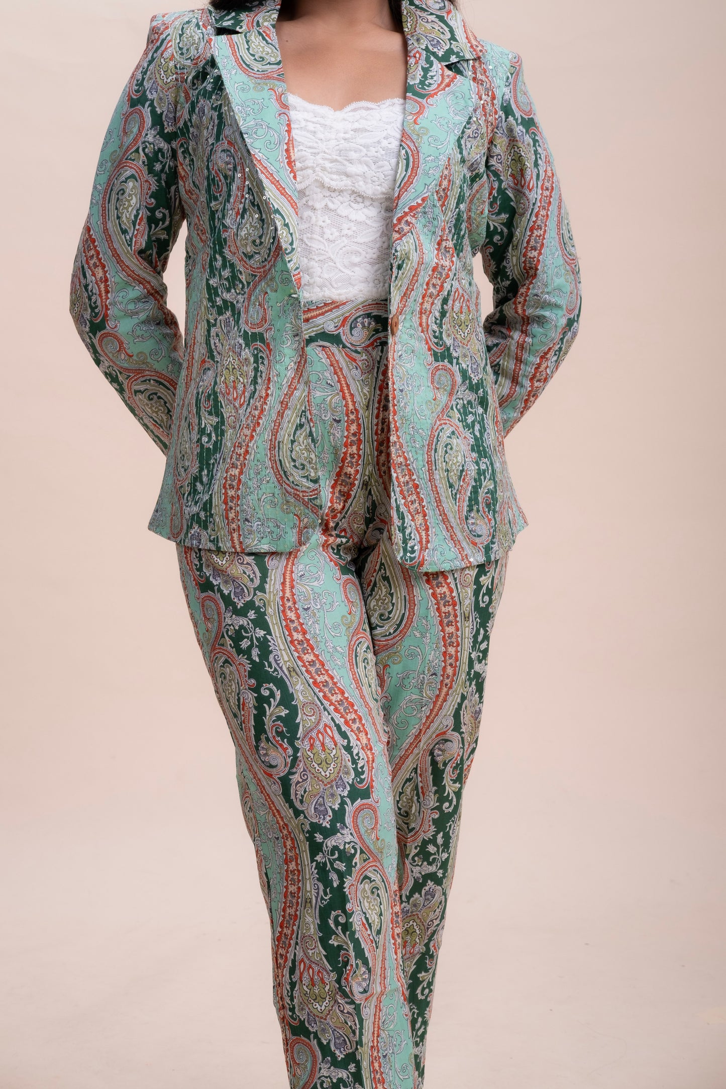 CO-ORD SET : PISTA GREEN LAPEL COLLAR JACKET AND TROUSER