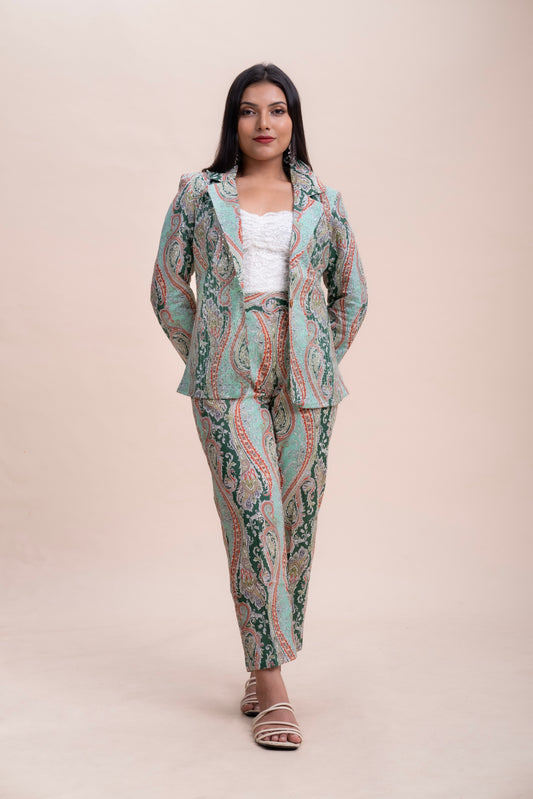 CO-ORD SET : PISTA GREEN LAPEL COLLAR JACKET AND TROUSER