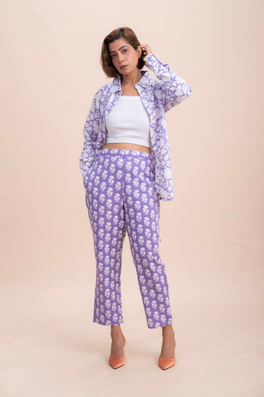 CO-ORD SET : LAVENDER PRINTED SHIRT AND TROUSER