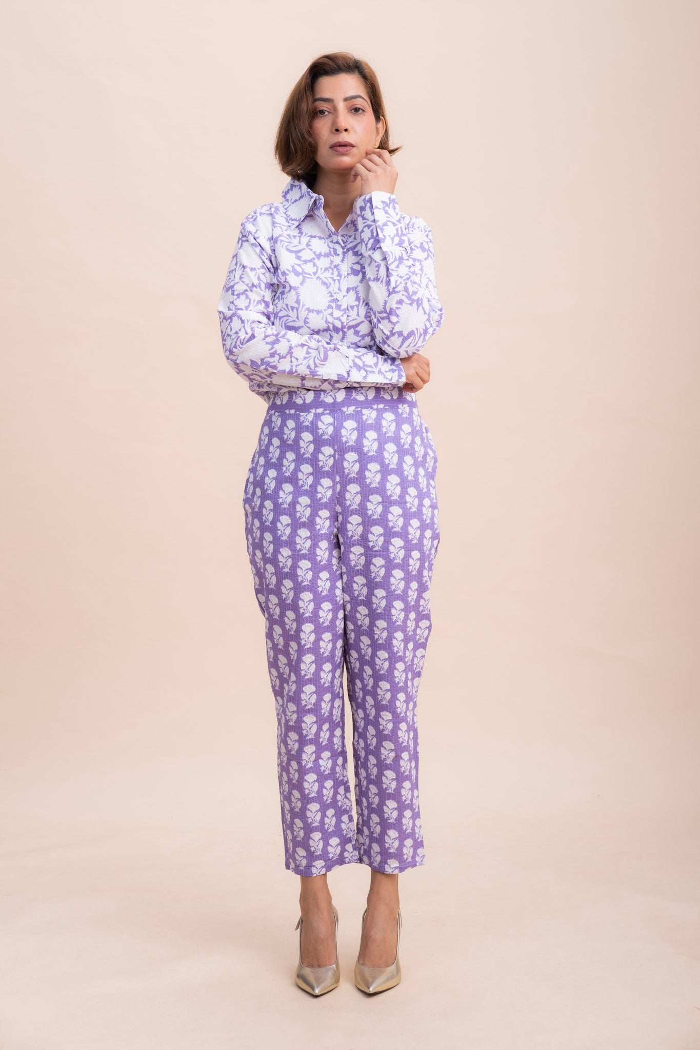 CO-ORD SET : LAVENDER PRINTED SHIRT AND TROUSER