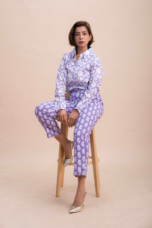 CO-ORD SET : LAVENDER PRINTED SHIRT AND TROUSER