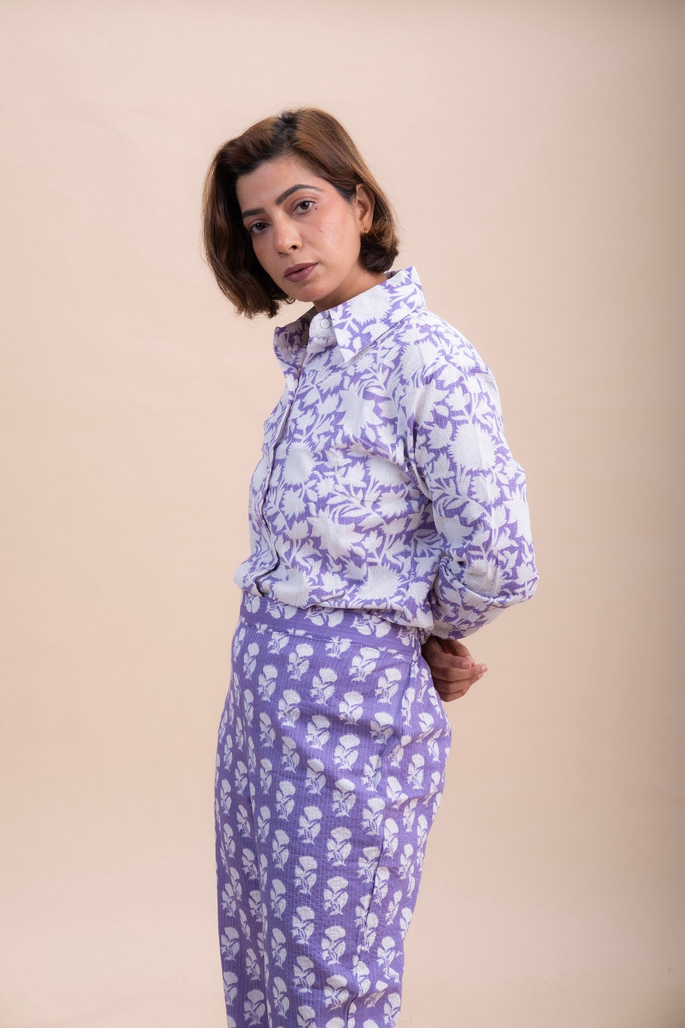 CO-ORD SET : LAVENDER PRINTED SHIRT AND TROUSER