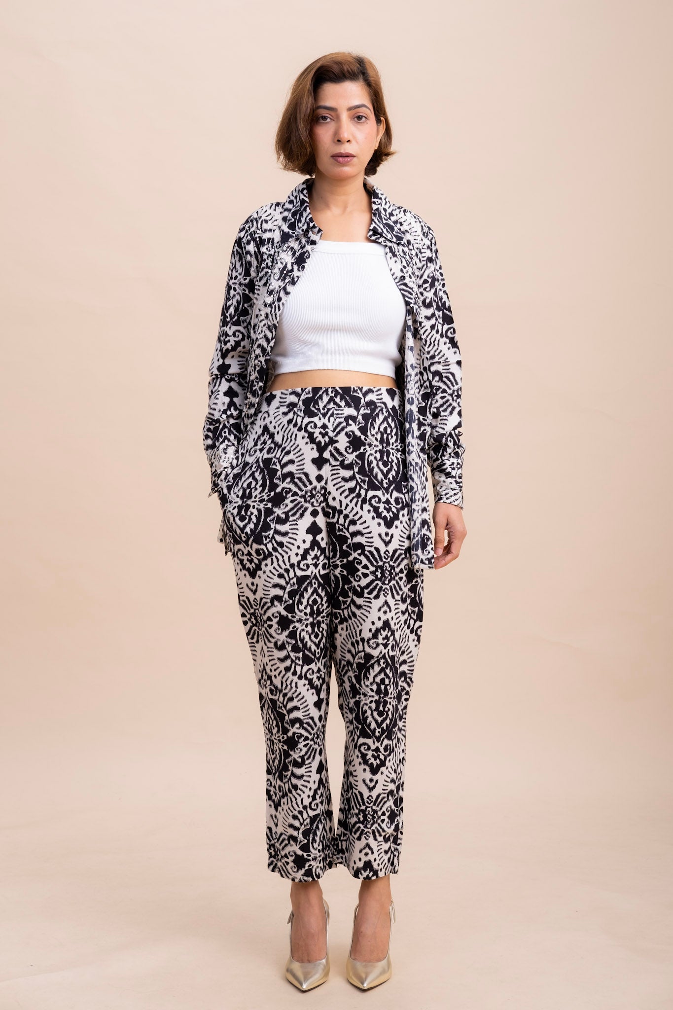 CO-ORD SET : BLACK PRINTED SHIRT AND TROUSER