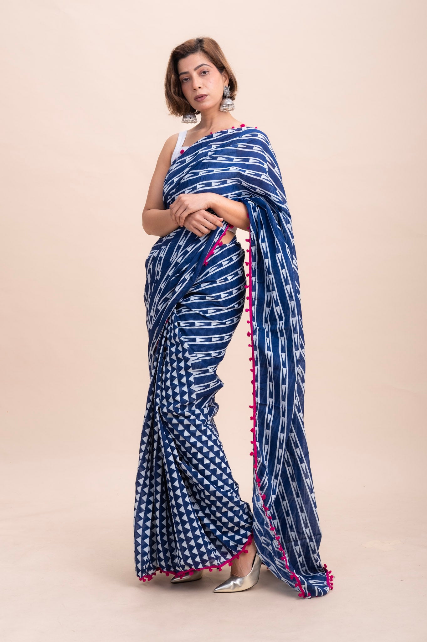 INDIGO POMPOM COTTON SAREE