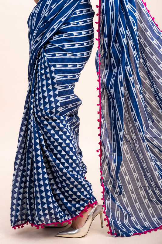 INDIGO POMPOM COTTON SAREE