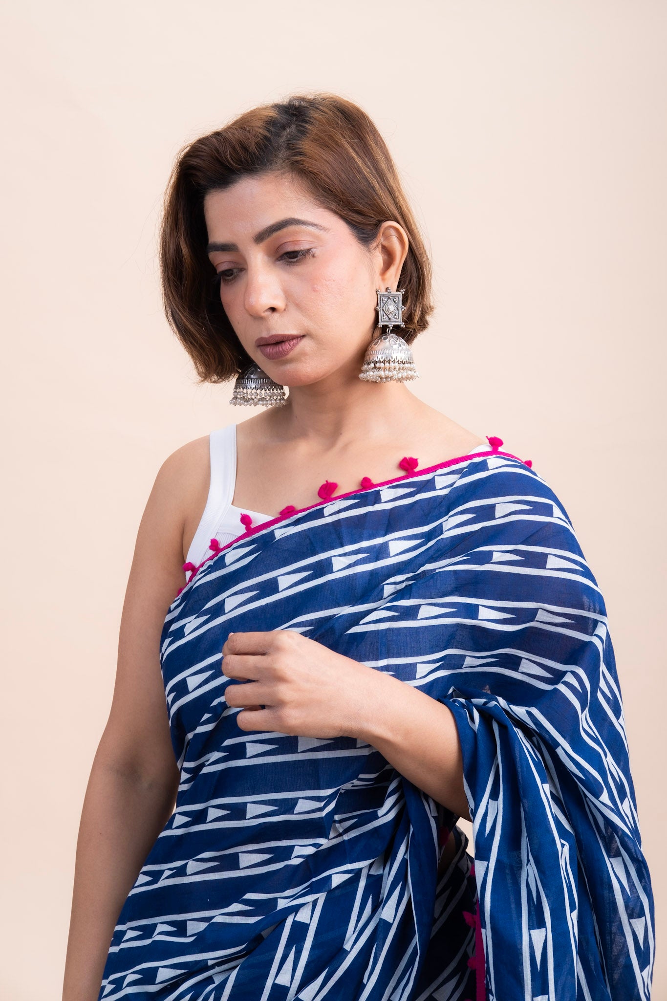 INDIGO POMPOM COTTON SAREE