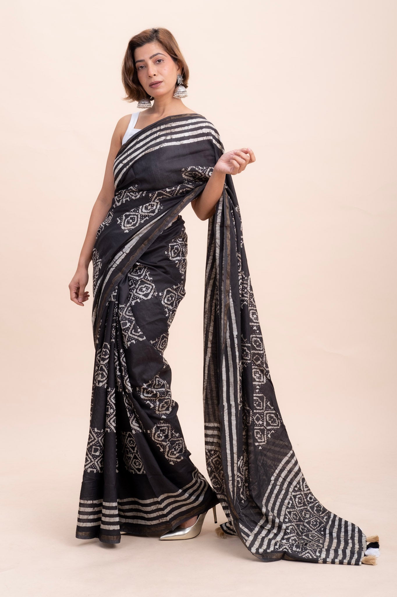 BLACK BATIK PRINTED COTTON SAREE