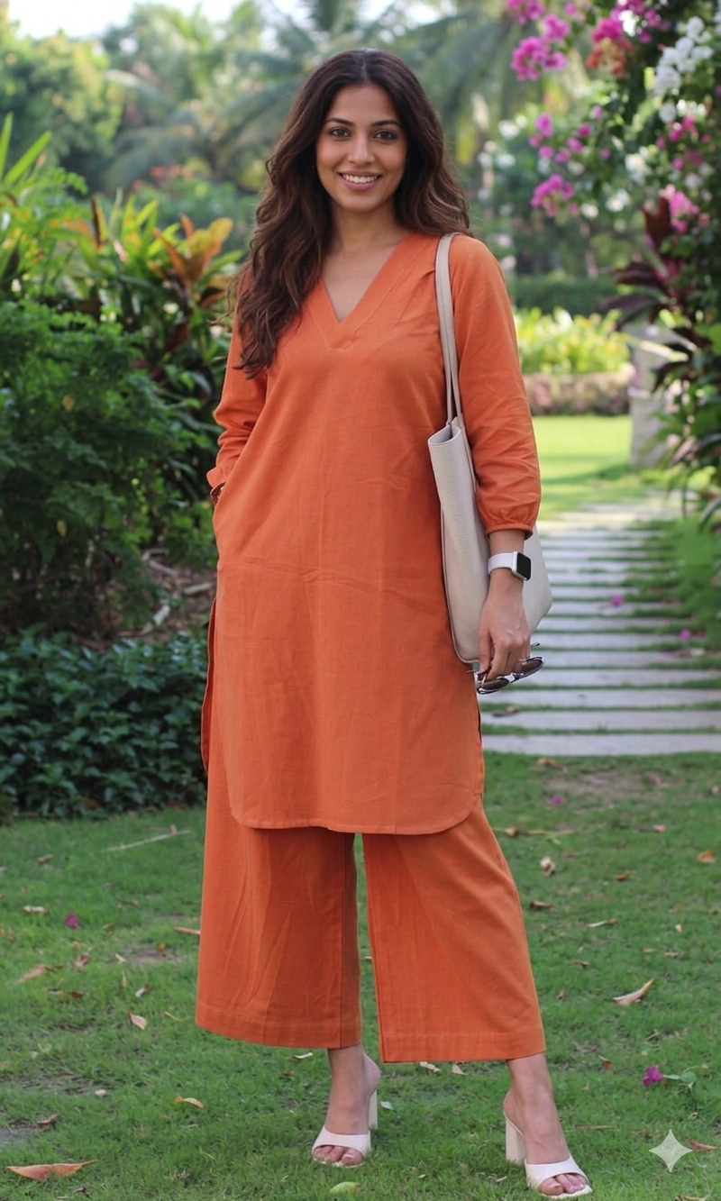 Rust Orange Cotton Kurta Set for Women – Relaxed Fit V-Neck | Everyday Office Wear