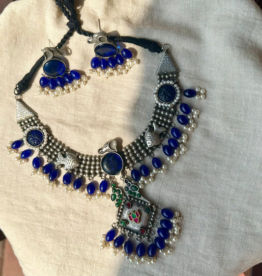 TEEJ RUSTIC BLUE & SILVER CHOKER SET