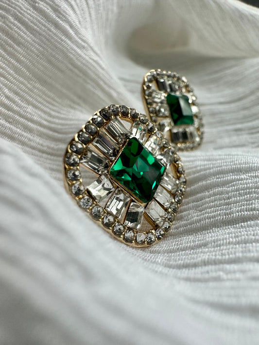 EMERALD & RHINESTONES STUD EARRINGS