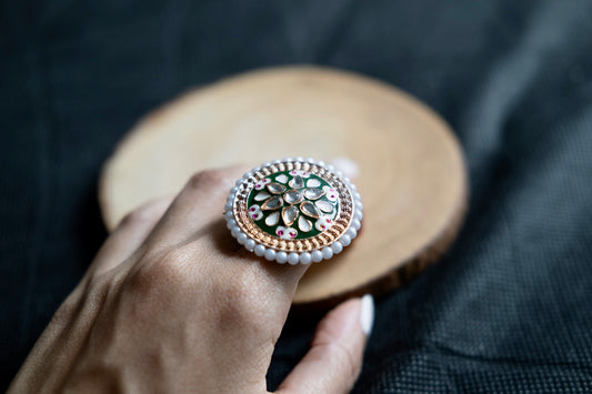 GREEN ENAMEL GOLD PLATED ADJUSTABLE RING