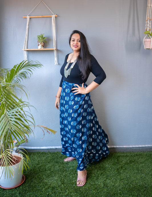 BLUE BLOCK PRINTED COTTON SKIRT