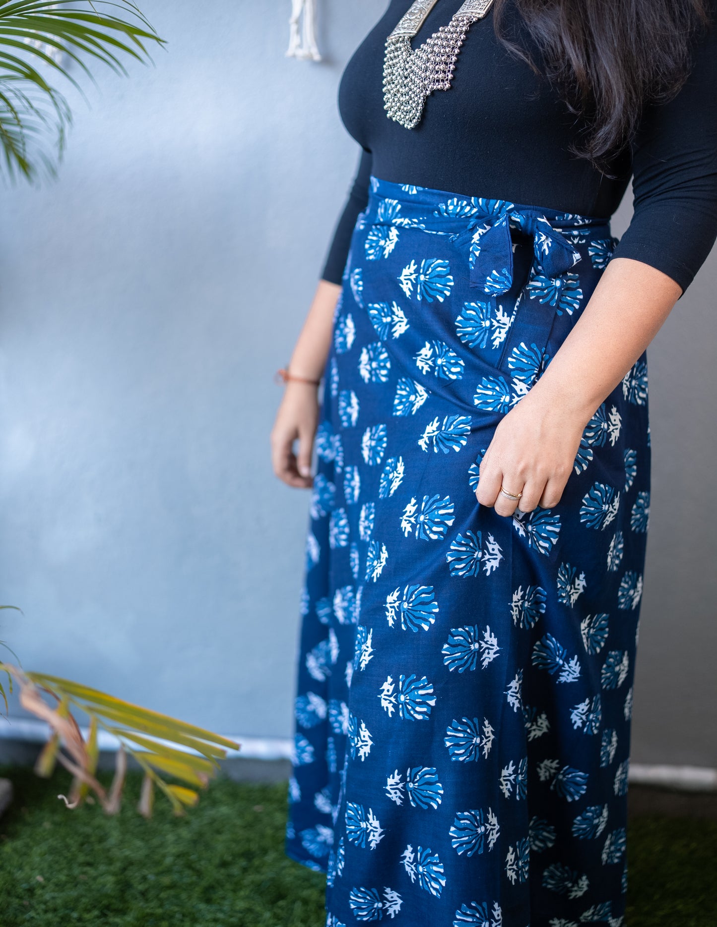 BLUE BLOCK PRINTED COTTON SKIRT