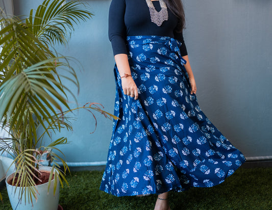 BLUE BLOCK PRINTED COTTON SKIRT