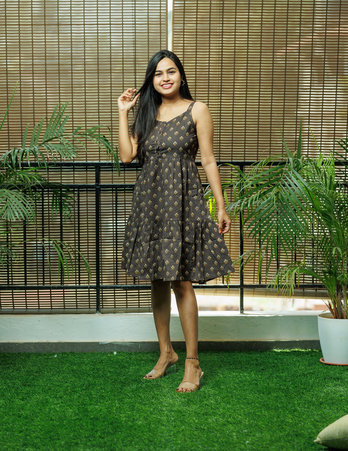 STRAP DRESS - BROWN & YELLOW BAGH PRINT