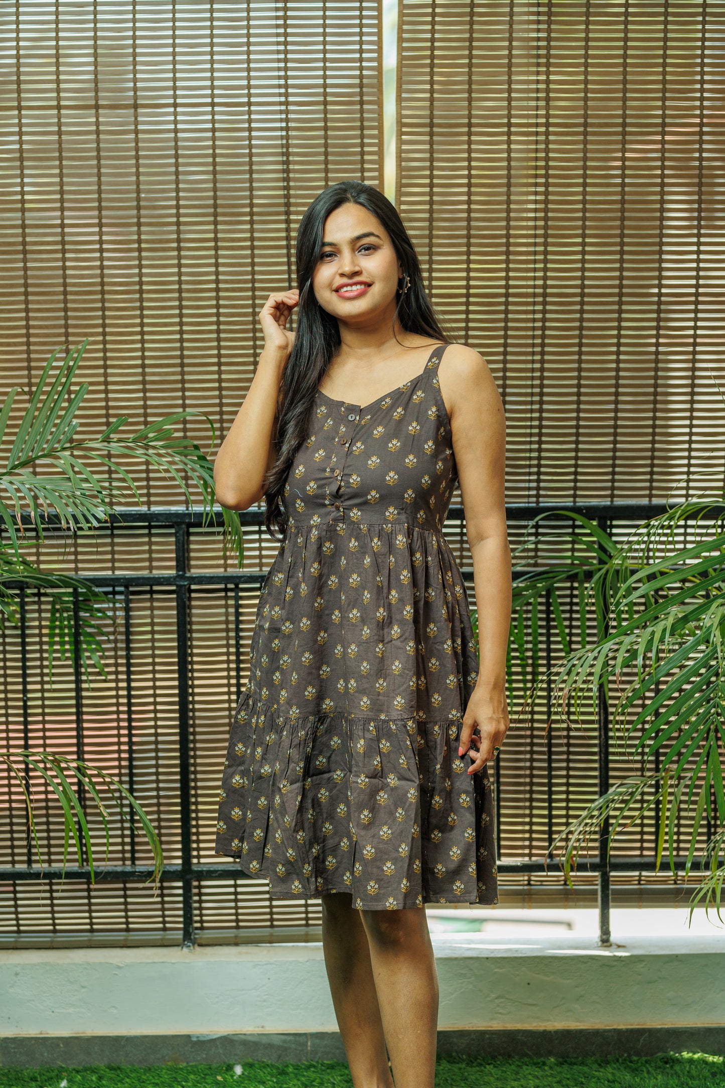 STRAP DRESS - BROWN & YELLOW BAGH PRINT